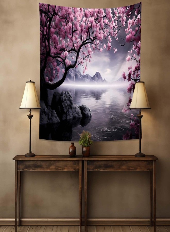 QGHOT Japanese Cherry Blossom Tapestry Wall Hanging Asian Anime Nature Mountain Wall Art Calming Lake Ocean Tapestries for Bedroom Living Room Decor 60x50in - Image 5